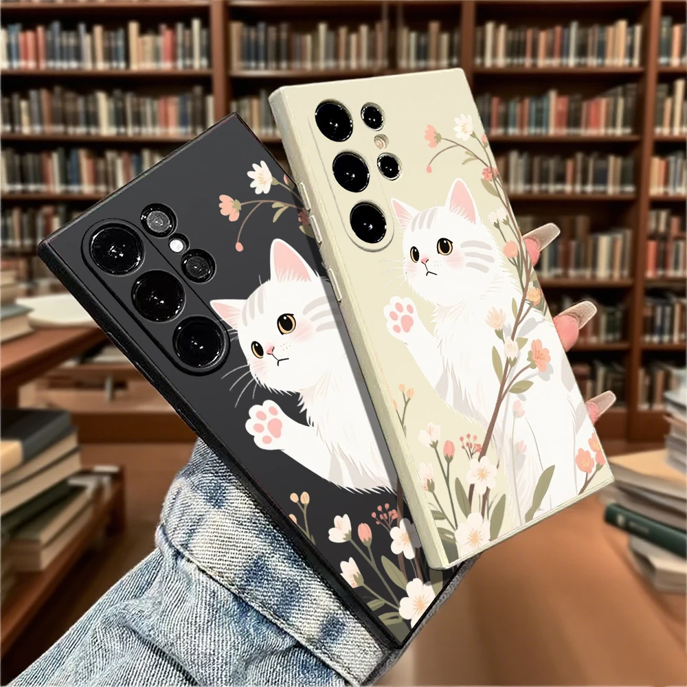 Floral White Cat Soft TPU Phone Case - Enhanced Protection Cover