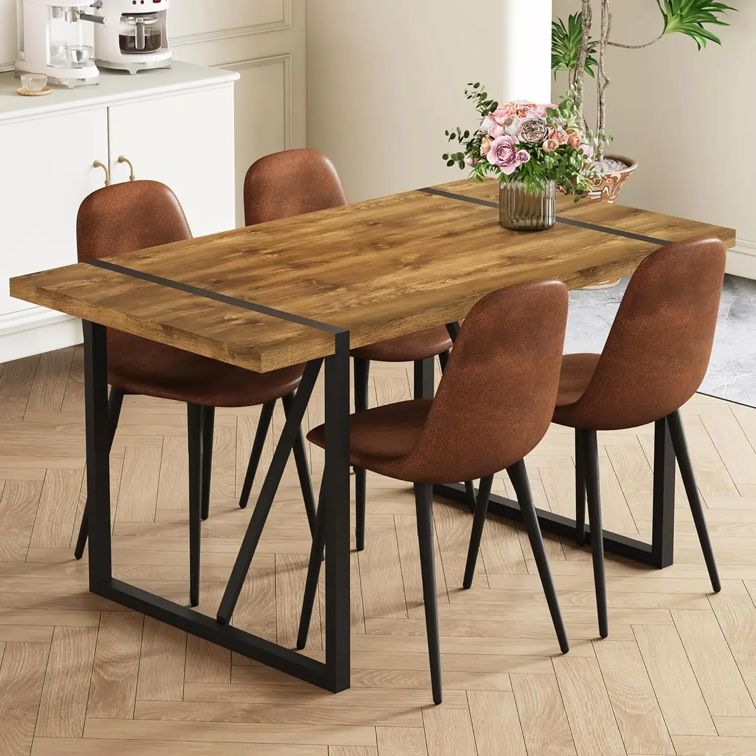 Piece Dining Room Table Set for 4 People, Mid Century Modern 55 Inch Rectangle Wood Kitchen Dining Table with 4 Fabric Chairs