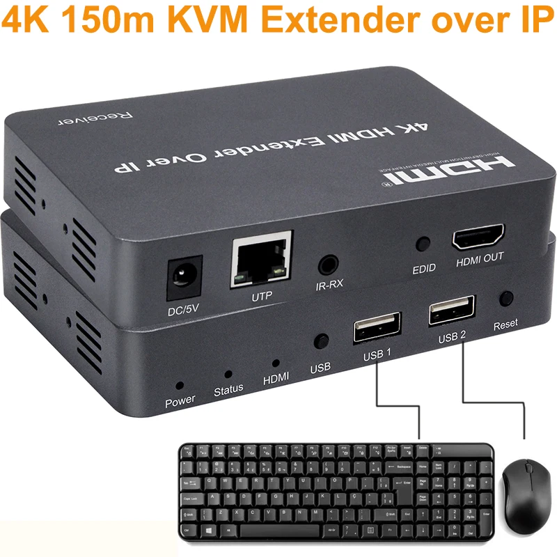 

4K 150m IP HDMI USB KVM Extender Splitter Video Transmitter Receiver Over Cat5e Cat6 Rj45 Ethernet Cable Lossless Compression