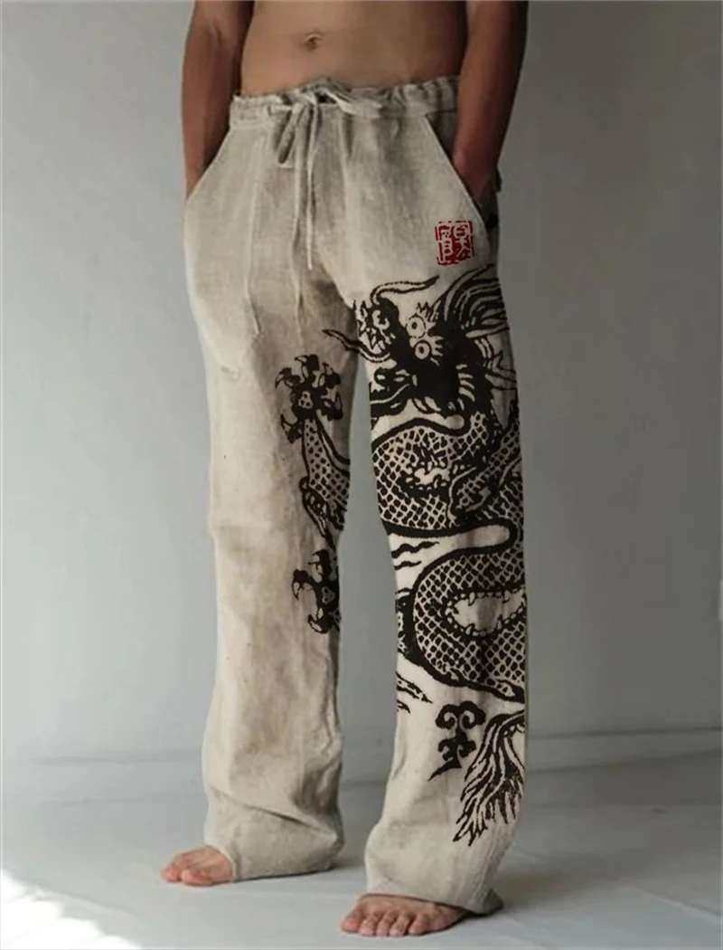 Summer Men's Thin Ink Animal Cat Comfortable Wide Leg Pants Fashion Comfortable Striped Women's Thin Pants Hot Sale Men's Casual