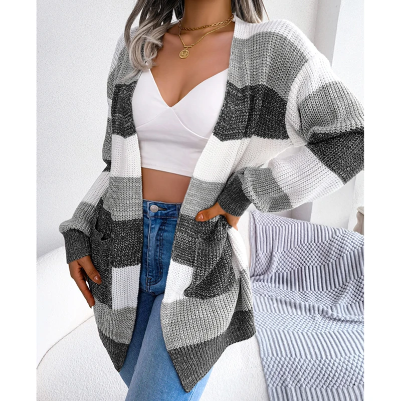 

Vintage Cardigan Sweater Stripe Knitted Women Long Sleeve Long Coat Pull Femme Open Stitch Loose Casual Loose Elegant Tops 28204