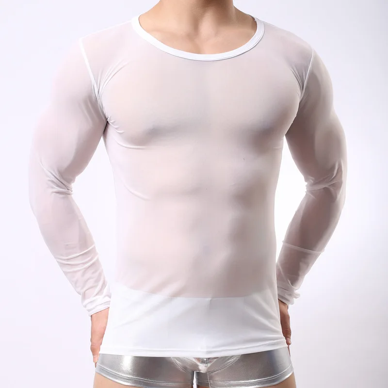 Men's Transparent Mesh Long Sleeve Tops Gay Night Club Clothing Gauze Tights T Shirts Black White See Through Undershirt