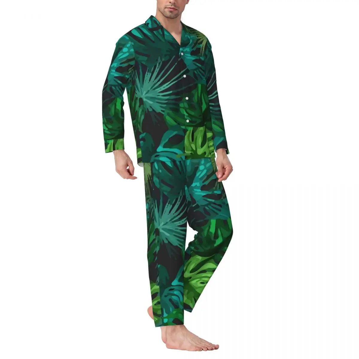 

Tropical Leaves Pajamas Set Autumn Green Forest Room Sleepwear Male 2 Pieces Casual Loose Oversize Graphic Nightwear Gift Idea