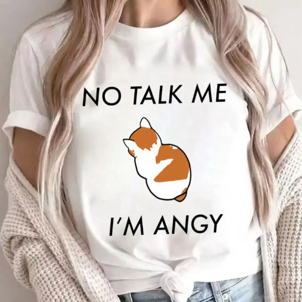 

Female T-Shirts Angry Cat Print Short Sleeve High Street Graphic Tee Clothing Casual Breathable Short-sleeve Women T-shirt Tops