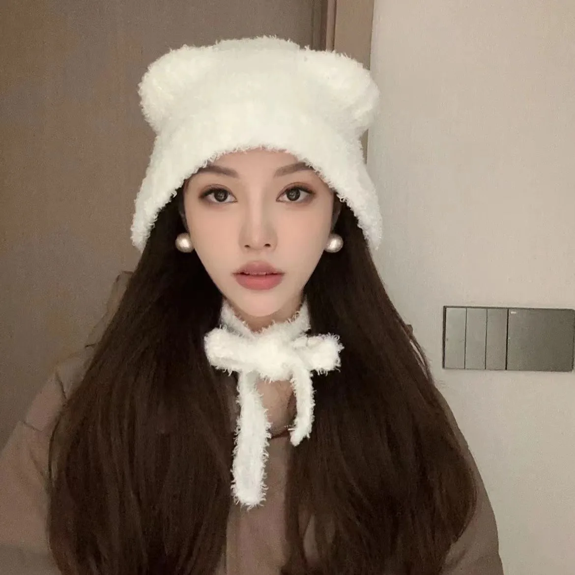 Korean Version INS Cute Bear Ears Warm Bomber Beanie Hat Lady Autumn and Winter Cute Windproof Face Small Earmuffs Knitted Cap