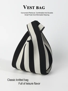 1 piece of striped knitted hollow breathable hook woven lightweight and foldable portable open casual women's handbag, gift stor 1