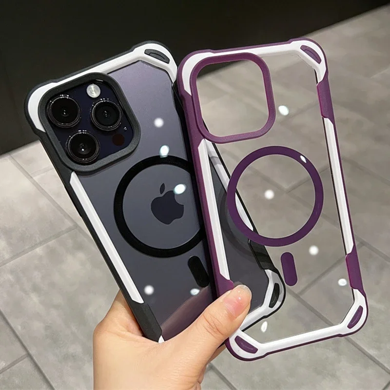 

2-color Magnetic Phone Case for iPhone 13 14 15 Pro Max Plus Magsafe PC Hard Bumper Transparent Back Cover