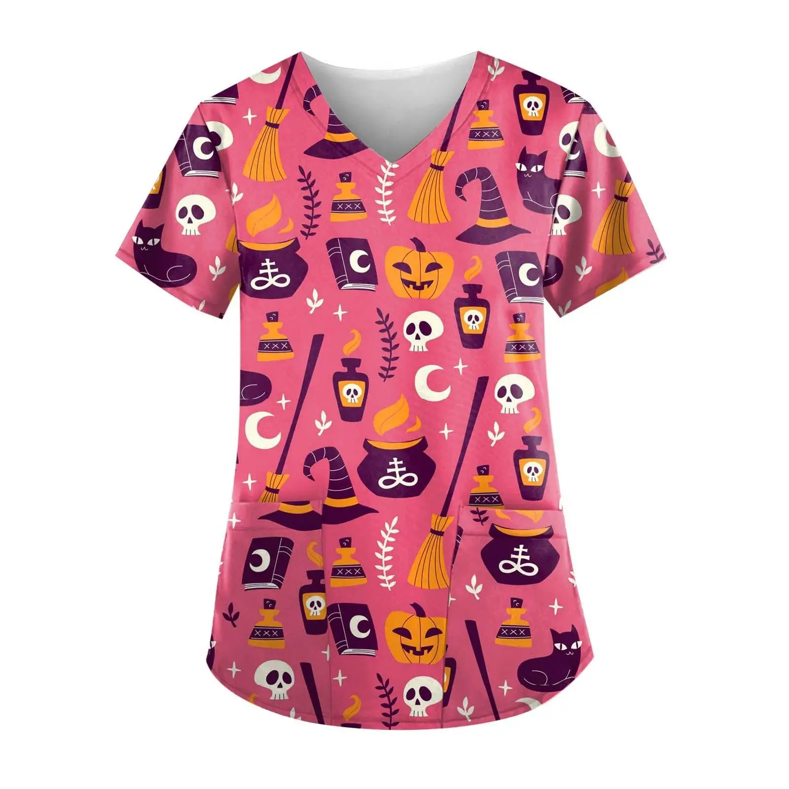 Damen-Krankenhausuniform, Halloween-Kürbis-Muster, Still-T-Shirt, V-Ausschnitt, kurze Ärmel, Halloween-Stil, Tops, chirurgische Uniformen, Frau – Detail 2