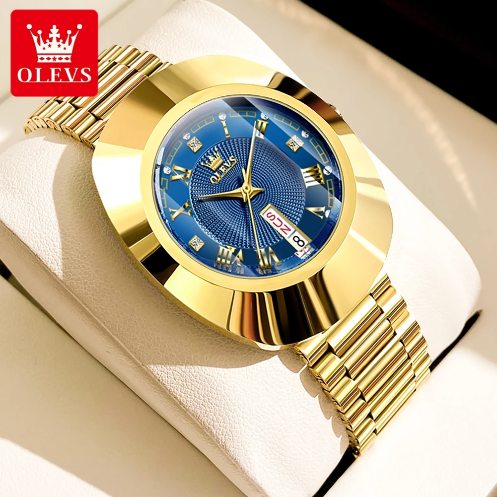 OLEVS Brand Luxury Gold Blue Quartz Watch for Women Tungsten Steel Case Waterproof Fashion Week Calendar Women Wristwatches
