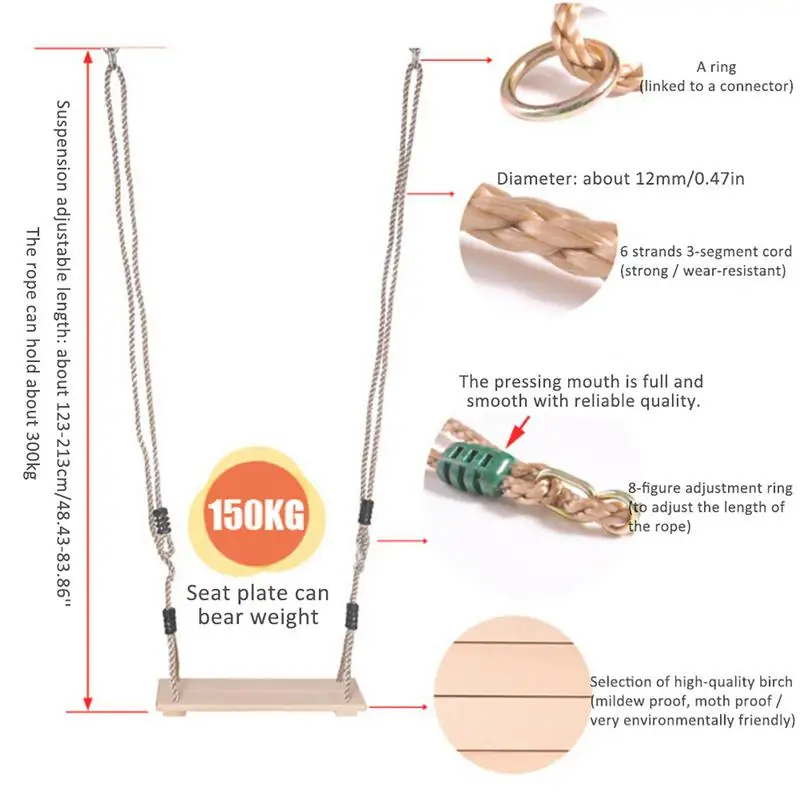 Polished Four-Board High-Quality Anti-Corrosion Wood Swing Outdoor Indoor Pastoral Wooden Swing for Adults Children #W0