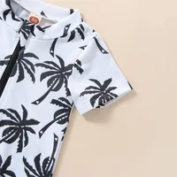 Newborn Baby Infant Boys Swimsuit with Hat Cartoon Tree Print Short Sleeve Round Neck Half Zipper Jumpsuit Bathing Suit 5