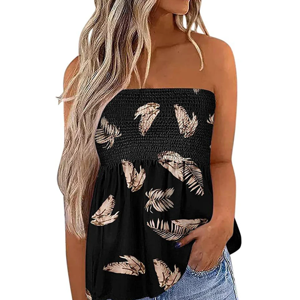 Women Feather Print Strapless Slim Fit Tshirt Vest
