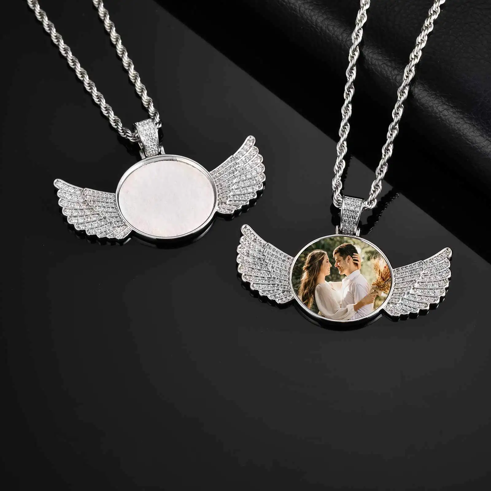 Hip Hop Photo Necklace for Men Boys,Personalized Pictue Wings Round Pendant Necklace,Anniversary Father's Gift