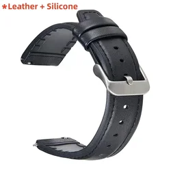 Vintage Dual - Material 22mm Leather and Silicone Watch Strap for 1pcs 22mm (Style 3 Black)