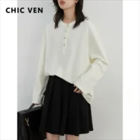 CHIC VEN Women Sweatshirts Casual Loose Solid Half Open Collar Long Sleeved T-shirt Elastic Female Tees Autumn Winter 2025 1