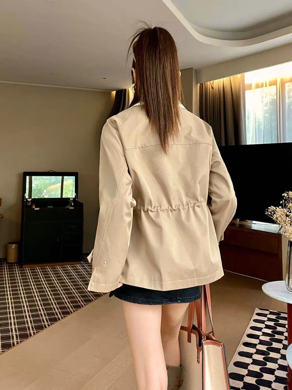 

Lapel Short windbreaker Women Autumn Winter New Double Breasted Drawstring Trench Coat Lined Letter Jacquard Black/Khaki Lady