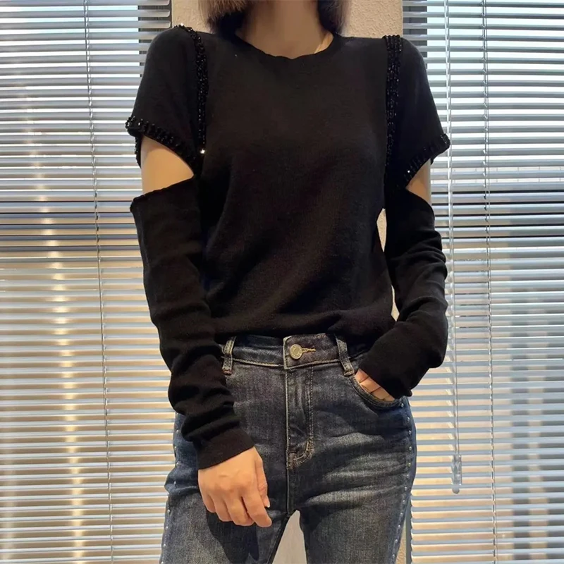 

2023 New Autumn All-match O-neck Women Basic Shirts Beading Off-the Shoulder Long Sleeve Knitted Top Casual Loose Female Sweater