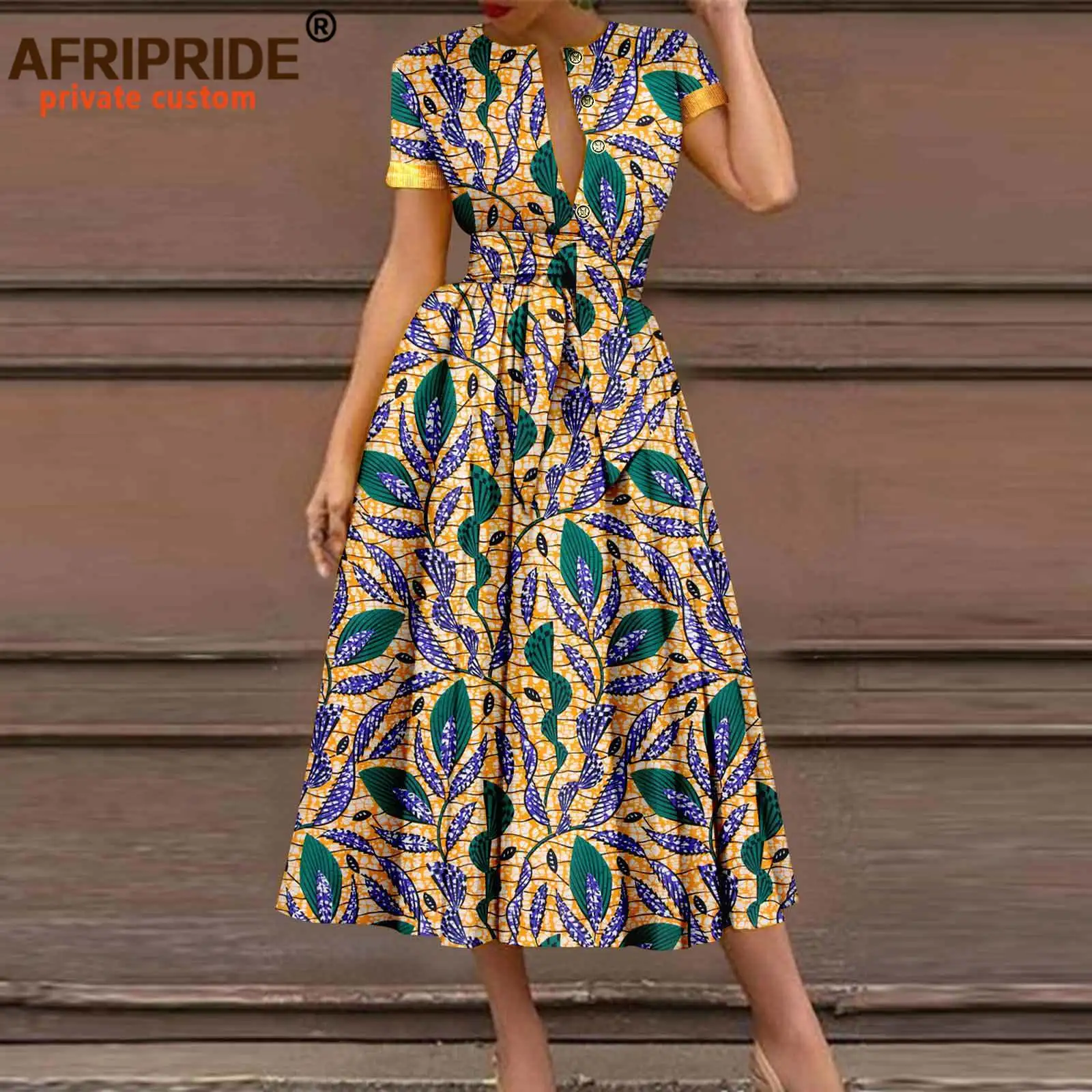 African Dresses for Women Short Sleeve High Waist Elegant Print Casual Outfits Midi Dress Dashiki Attire with Belt A2325003