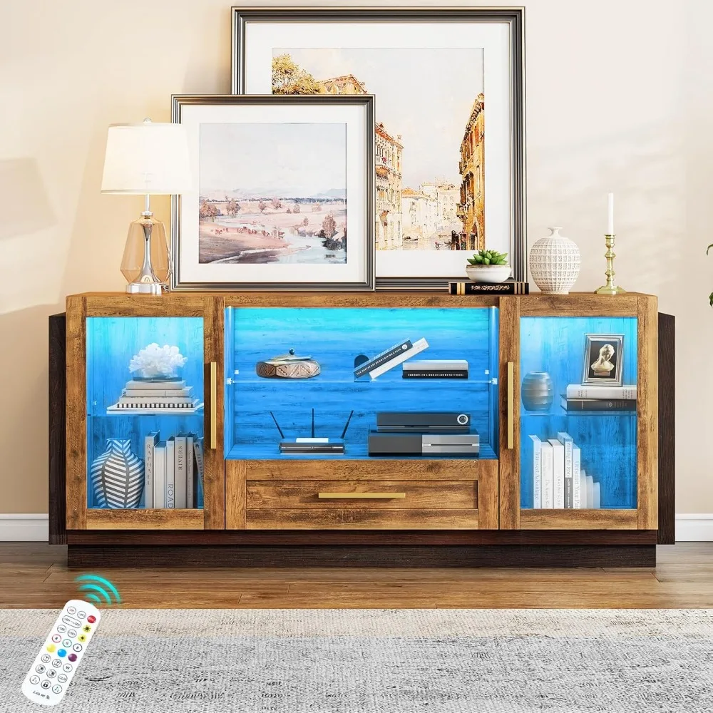 Cabinet with LED Lights, 60" Coffee/Wine Bar Cabinet with Glass Doors & Open Shelves & Drawers, Modern Entryway Console Table