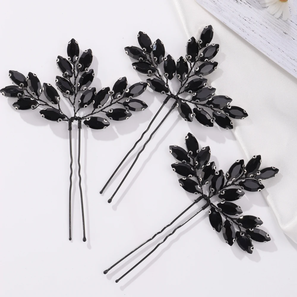 BridalBlackRhinestonesHairPinsWeddingBlackBeadsHairJewelry