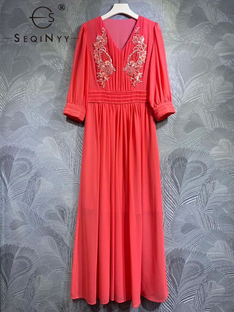 

SEQINYY Red Midi Dress Summer Spring New Fashion Design Women Runway High Street Beading Vintage Flowers Appliques Casual