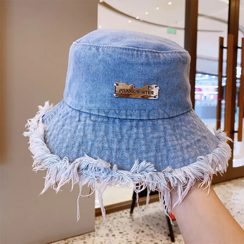 Denim Bucket Hats Summer Unisex Tassel Washed Wide Brim Foldable Panama Cap Outdoor Beach Fisherman's Hat for Women