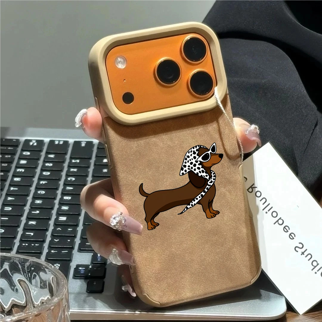 Luxuriöse Brillen-Cool-Puppy Executive Handyhülle aus Faserleder für iPhone 17 13 14 Pro 15 16 Pro Max 11 12 Plus, stoßfest