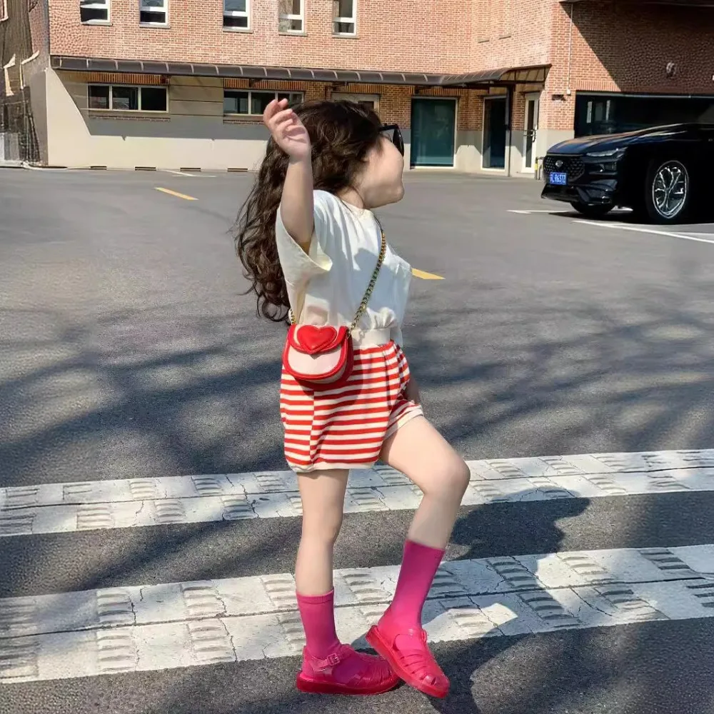 여아용 한국 스타일 바지, 올 매치 스트라이프 반바지, 루즈 캐주얼 핫 팬츠, 패션 여름 어린이 바지, 2024 여름 신상