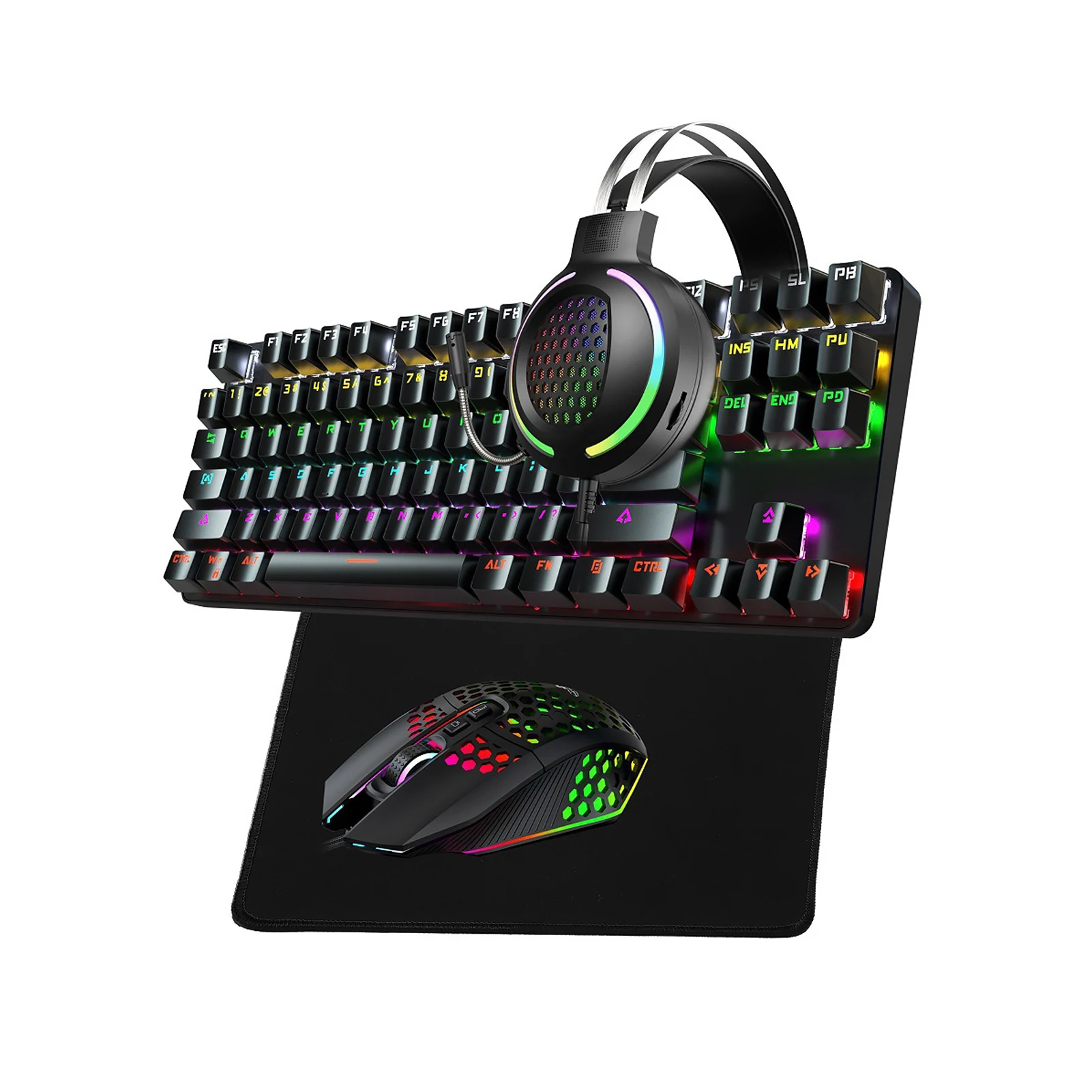 

Mechanical PC With Mouse Headphone Pad Gaming Keyboard USB Wired Office RGB Backlit Gift Mute Combo PBT 87 Keys