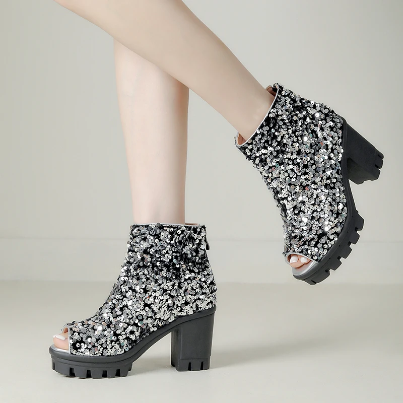 Luxury Ankle Boots for Women Peep Toe Glitter Sequined High Heels Short Booties Platform Dance Party Shoes Lady Large Size 42 43