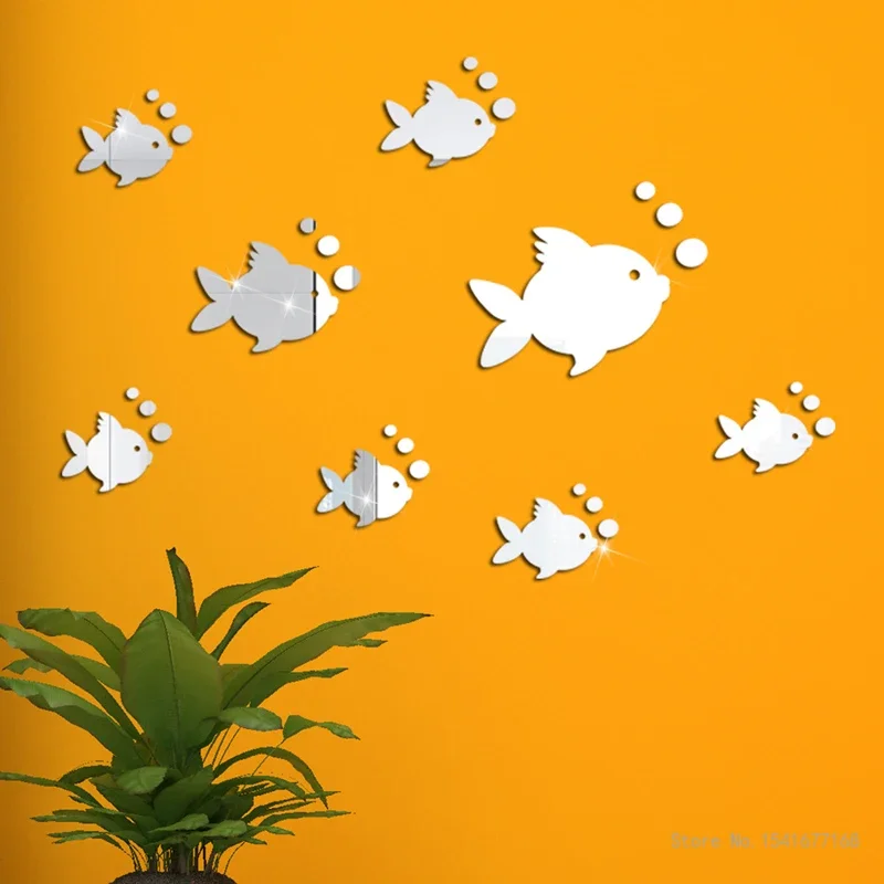 Creative Self-Adhesive Fish Group Decal Blowing Bubbles Acrylic Mirror Wall Home Living Room Kindergarten Decor Waterproof, 2Pcs
