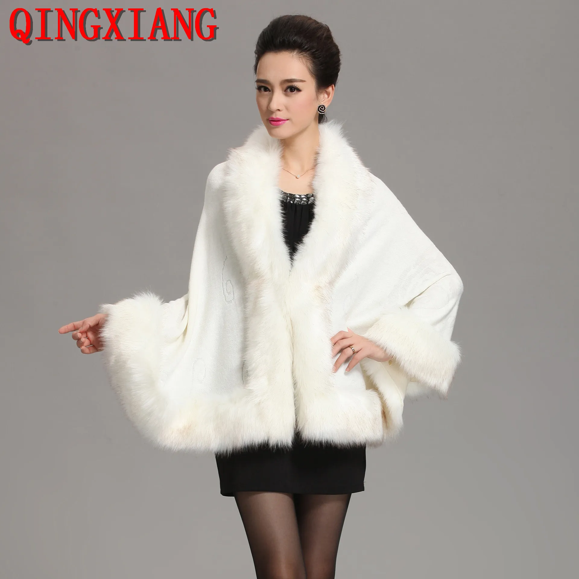 13 Colors Faux Fox Fur Collar Wool Cashmere Poncho Capes New Winter Women Black White Knitted Cardigan Loose Emboss Shawl Coat 2023 women s wool blend checkered tassel scarf winter outer square warm scarfs warm plaid shawl as christmas gift