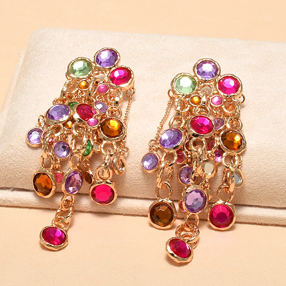 Long Chains Earring Colorful Rhinestone Drop Earrings Elegant Women's Accessories Wholesale Bohemian Earrings Jewelry