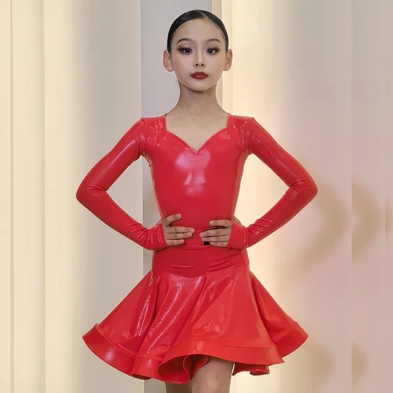 Girls Latin Dance Competition Clothing Glossy Fabric Long Sleeves Dance Dress Kids Cha Rumba Practice Training Wear V22000 dance dress