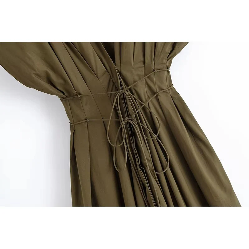 Vintage Casual Chic Pleated Lace Up Dress Women Fashion Short Sleeve Slim  Long Dresses Female Summer Holiday Party Dress