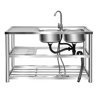 47.24x 17.72inch Stainless Steel Sink with Shelf Freestanding Commercial Restaurant Kitchen Sink Double Bowl with Tap&Drainboard 1