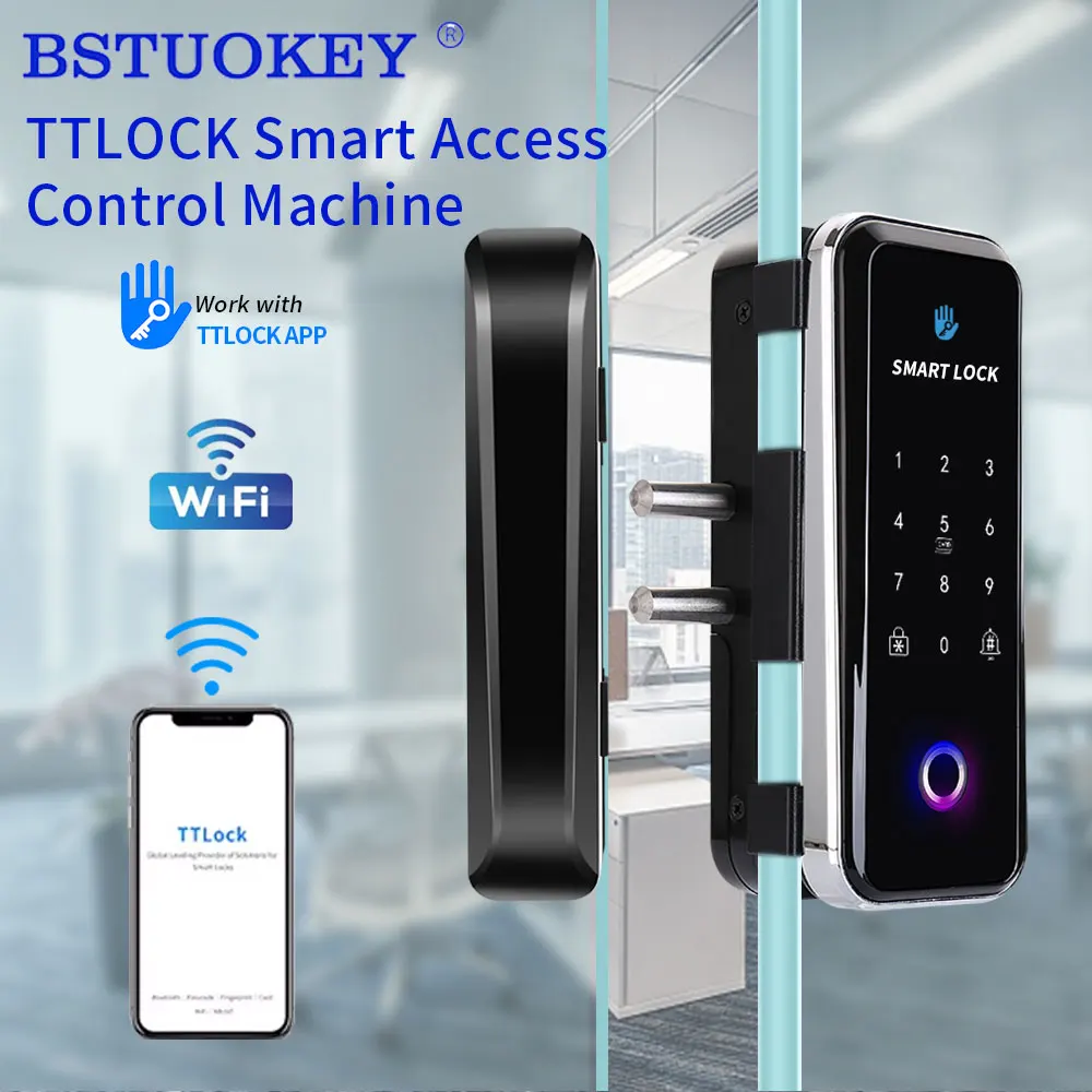 Fingerprint WIFI Electronic Smart Lock TTLOCK APP 13.56Mhz RFID Card Password for Framed or Frameless Glass Door Keyless No-wire