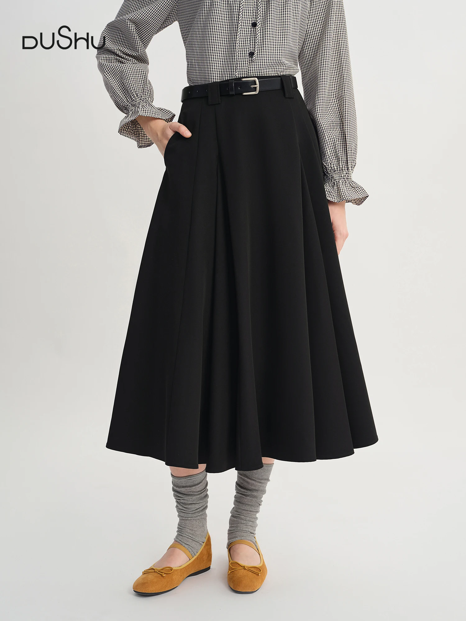 DUSHU 2025 Gonna casual da pendolare con temperamento drappeggiato a vita alta autunnale da donna 1