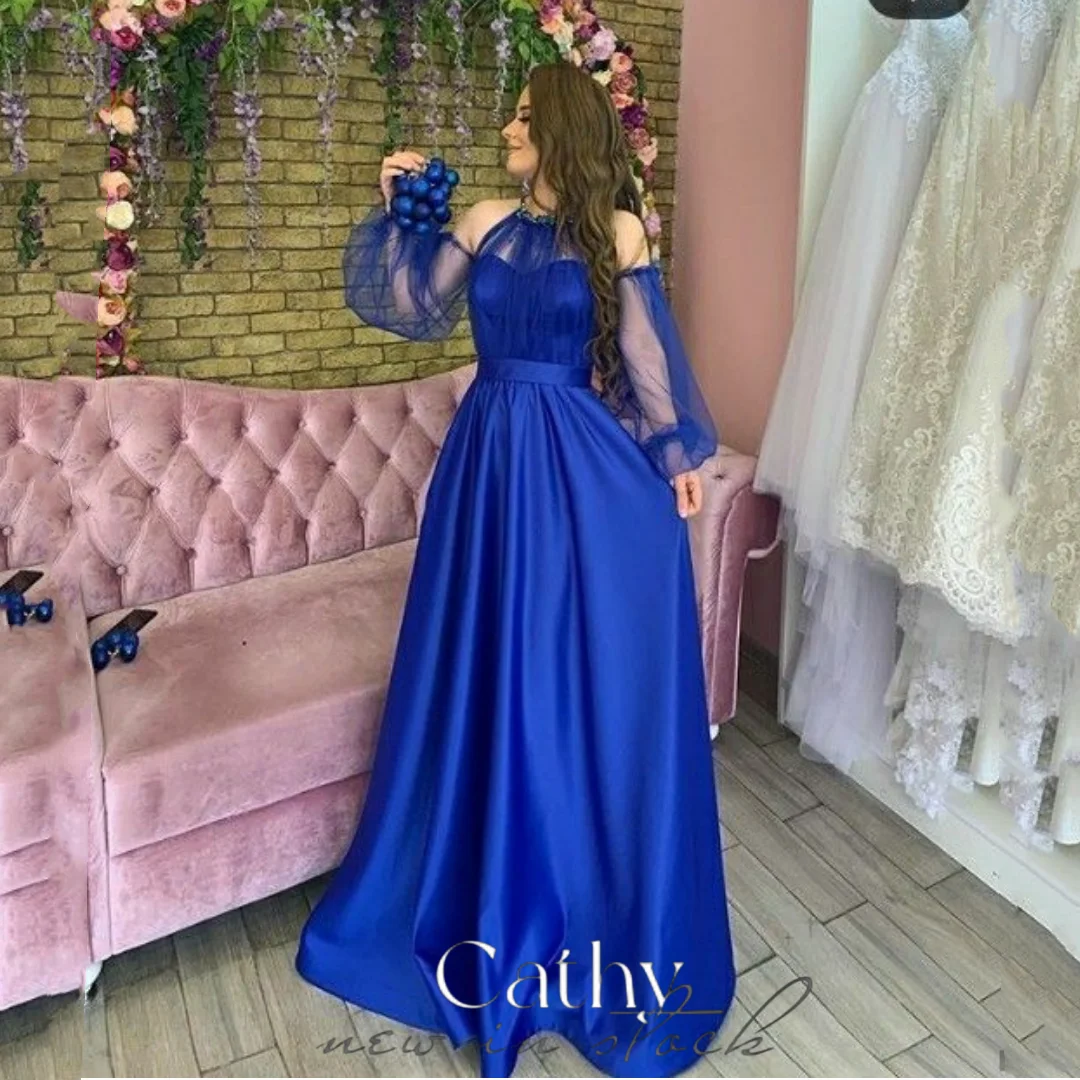 

Cathy Sexy Puffy Sleeve فساتين سهره فاخره 2023 Simple Halter Neck Satin Vestidos De Noche Elegant Nevy Blue Prom Dresses