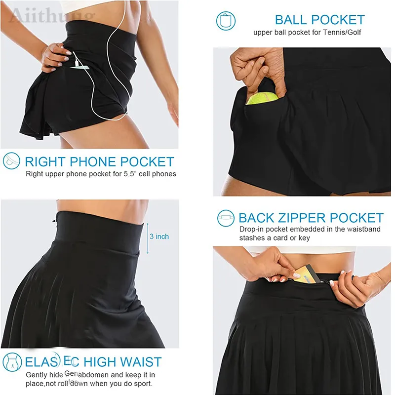 Aiithuug Tennnis Skirts Zipper Pocket Golf Skirts with Pocket Golf Shorts Soft Skorts Thicker Wide Waistband Tummy Control