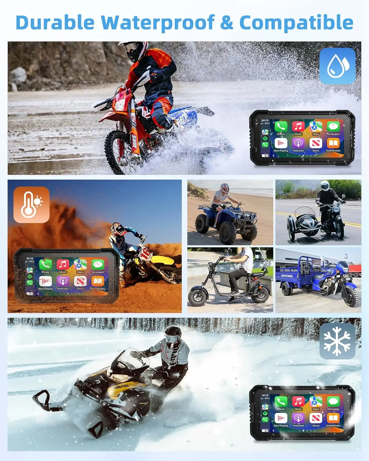 5"/6.25" IPX7 Waterproof GPS Navigation Screen – Dual Camera DVR & CarPlay Monitor 4