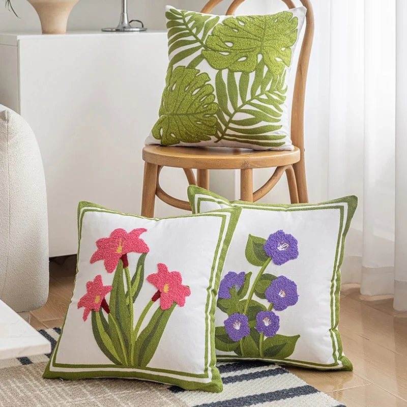 

Plant Flower Embroidery Cushion Cover Cotton Canvas 45*45 American Countryside Pillow Covers Decorative Living Room Pillow Case