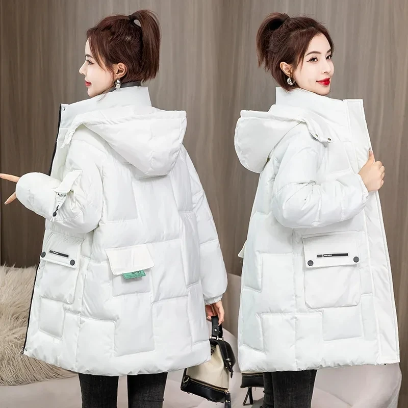 

2023 Winter New Thickened Down Cotton Women's Mid length Korean Fashion Stand Neck Hooded Parka Women Puffer Coat Loose jacket