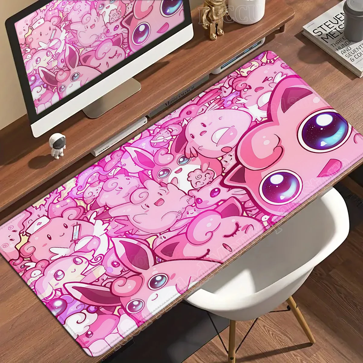 Kawaii Pink Anime Desk Mat with Clefairy & Jigglypuff Design