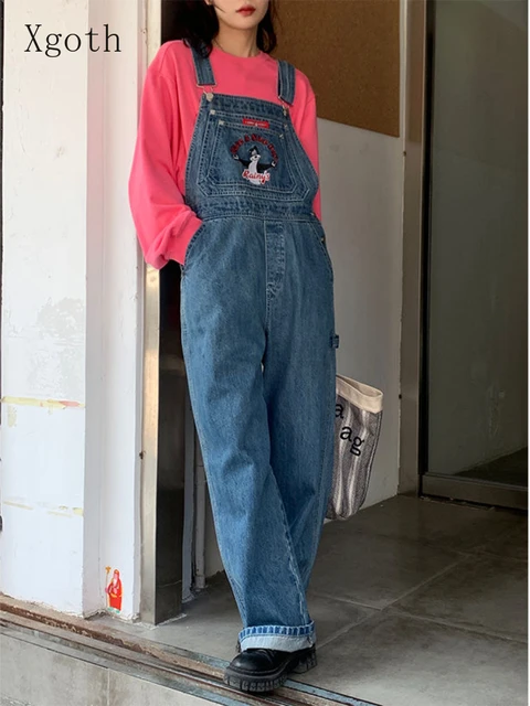 Peto vaquero Vintage para mujer, ropa de trabajo, pantalones vaqueros rectos de pierna ancha, Punk de calle alta, primavera y otoño, 2022 _ - AliExpress Mobile