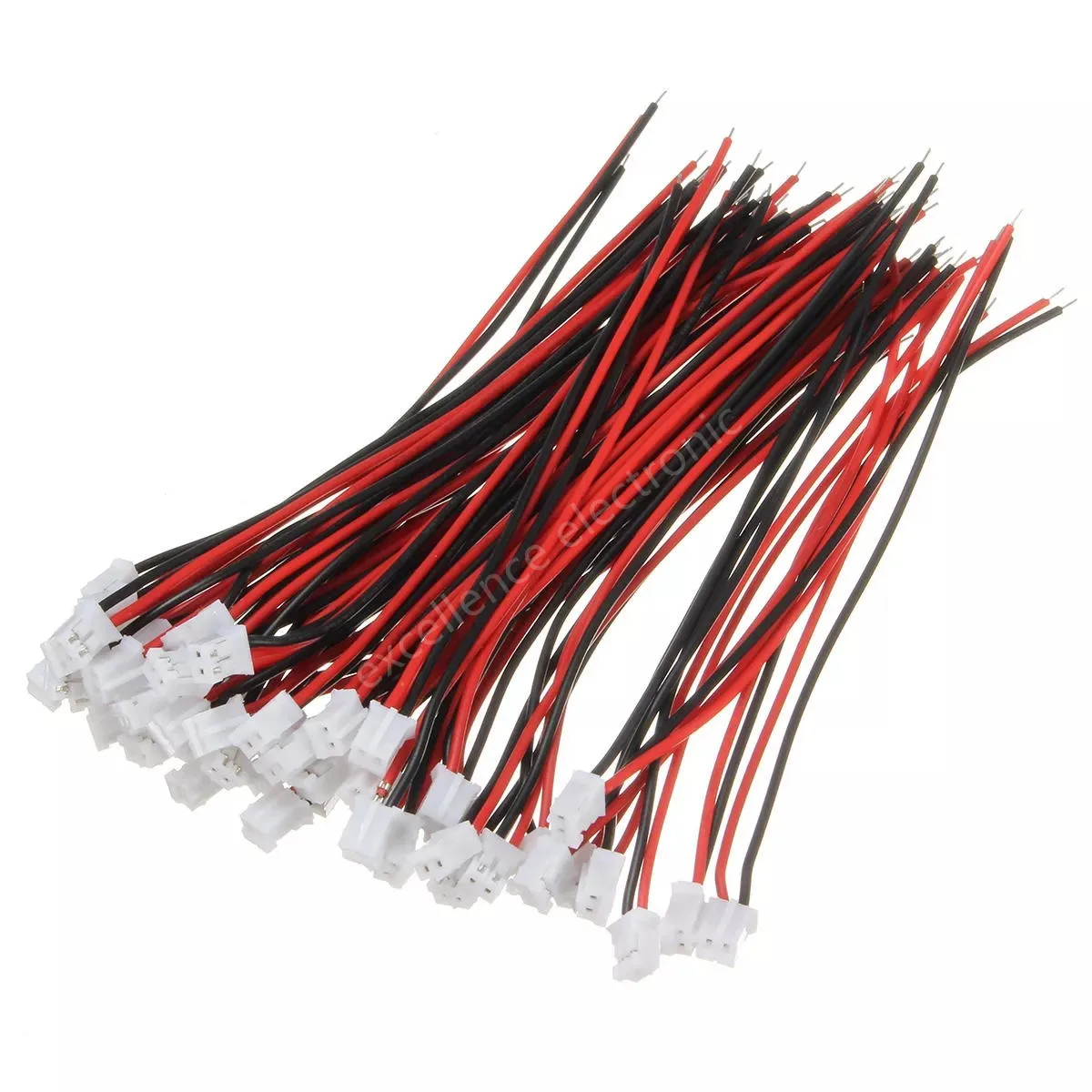 Détail des connecteurs JST PH 2.0 2 broches avec câbles 100 mm, montrant les broches et les clips de verrouillage.