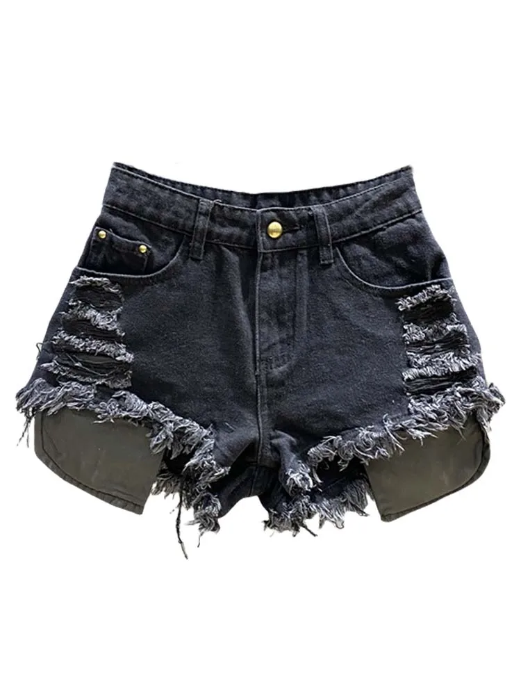 Summer Frayed Design Hot Girl Pocket Wide-Leg Jeans A-line Short Pants Leak Pocket Ripped Mini Shorts For Women's Y2k Clothes