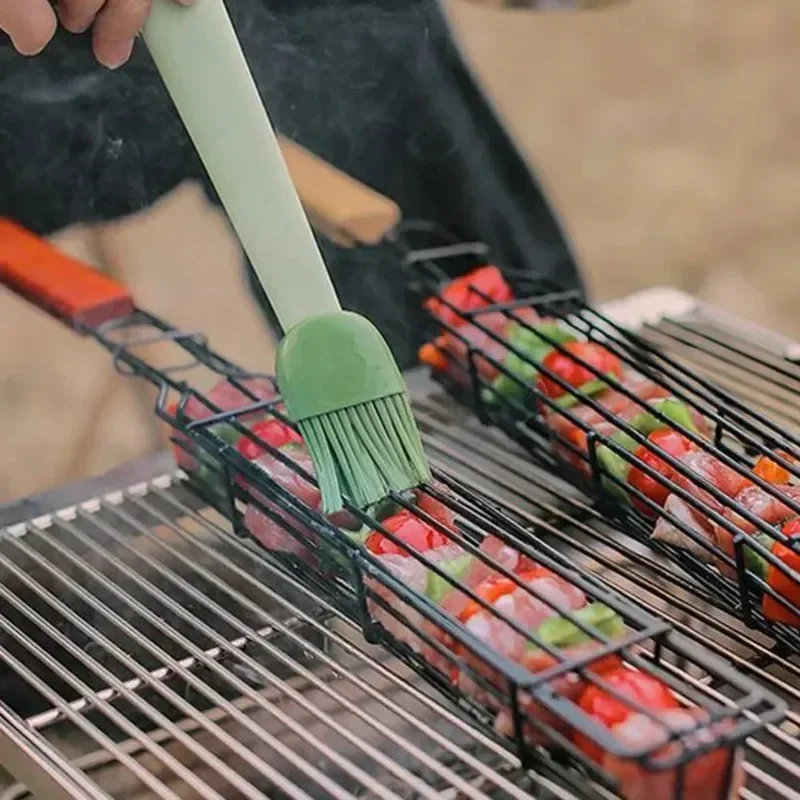 Barbecue Cage Outdoor Camping Barbecue Net Square BBQ Skewers Basket Wooden Handle Meat and Vegetable Barbecue Tube BBQ Tools