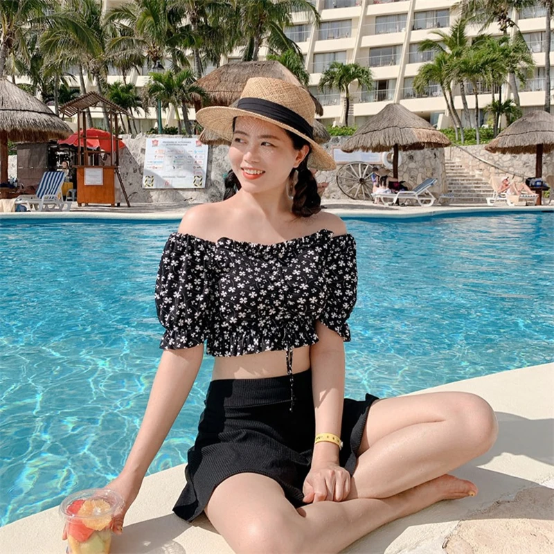 SexyOffShoulderBikiniWomenFloralPrintSwimwearWithSkirt