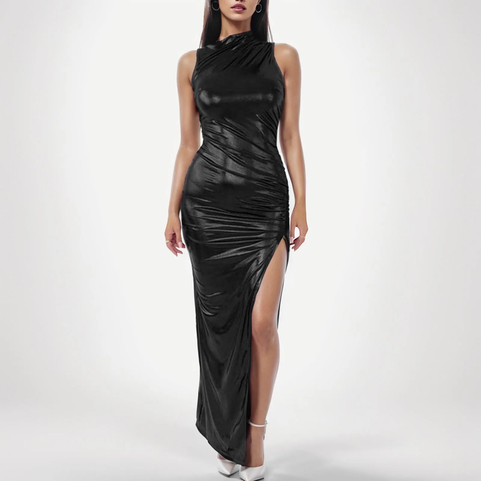 

Women's Sexy Waisted Skim Fit Wrap Hip Dress Fashion Solid Colur Sleeveless Pleated Dress Temperament Evening Long Dresses